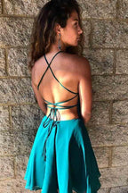 A-Linien-Cocktailkleid aus türkisfarbenem Chiffon mit Spitze und Perlenstickerei
