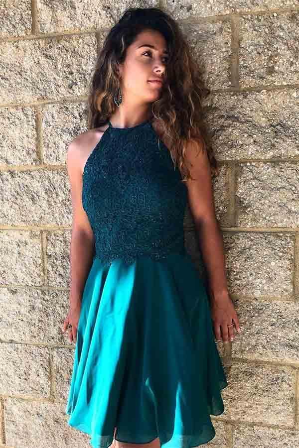 A-Linien-Cocktailkleid aus türkisfarbenem Chiffon mit Spitze und Perlenstickerei