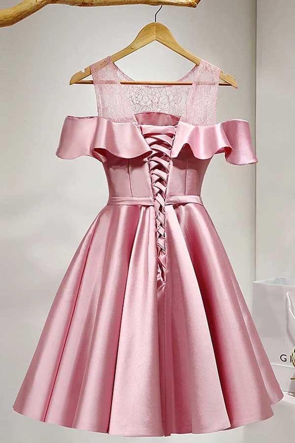 A-Linien Knielanges, schulterfreies Satin-Heimkehrkleid mit Spitze