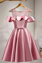 A-Linien Knielanges, schulterfreies Satin-Heimkehrkleid mit Spitze