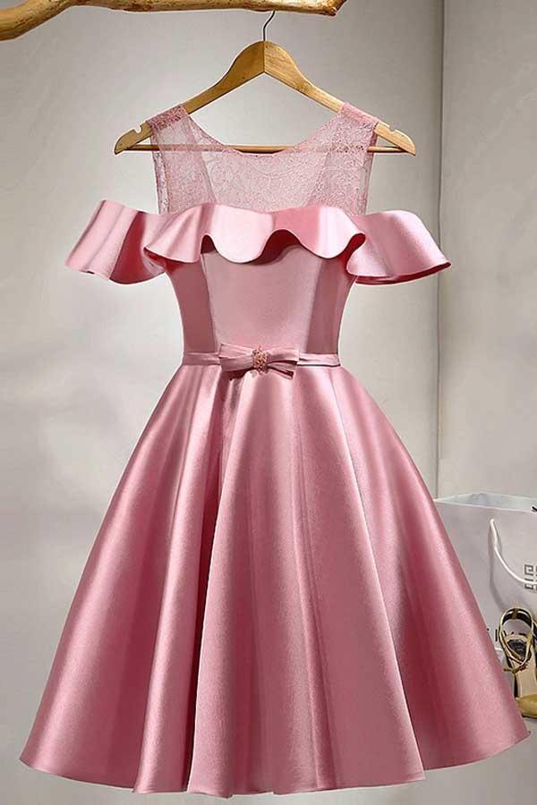A-Linien Knielanges, schulterfreies Satin-Heimkehrkleid mit Spitze