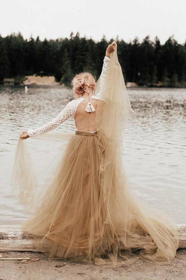 A-Linie Langarm Rückenfrei Prinzessin Brautkleid Hochzeitskleid