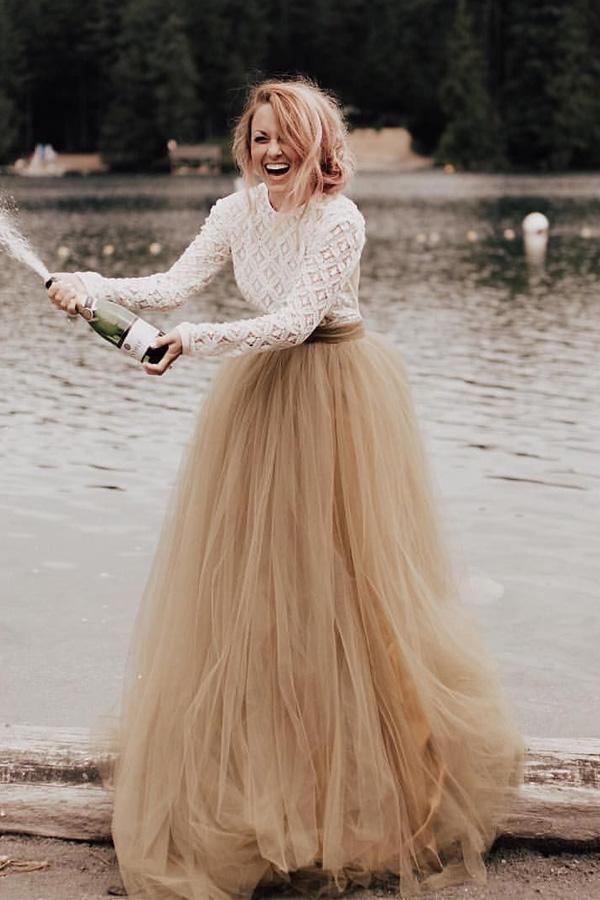 A-Linie Langarm Rückenfrei Prinzessin Brautkleid Hochzeitskleid