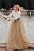 A-Linie Langarm Rückenfrei Prinzessin Brautkleid Hochzeitskleid
