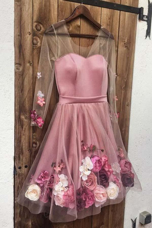 A-Linie Langarm Kurze weiße Blumenmuster Ballkleider Heimkehrkleider