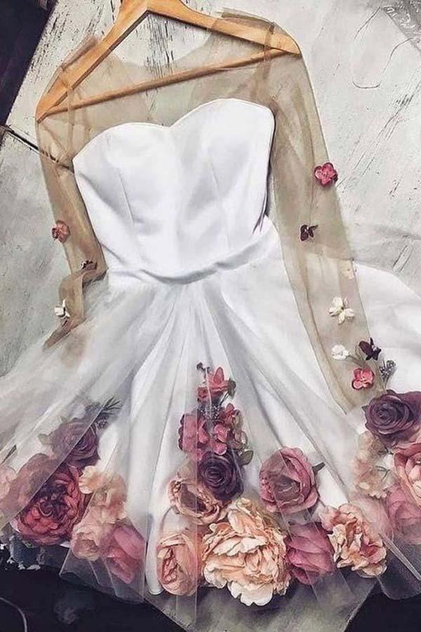 A-Linie Langarm Kurze weiße Blumenmuster Ballkleider Heimkehrkleider
