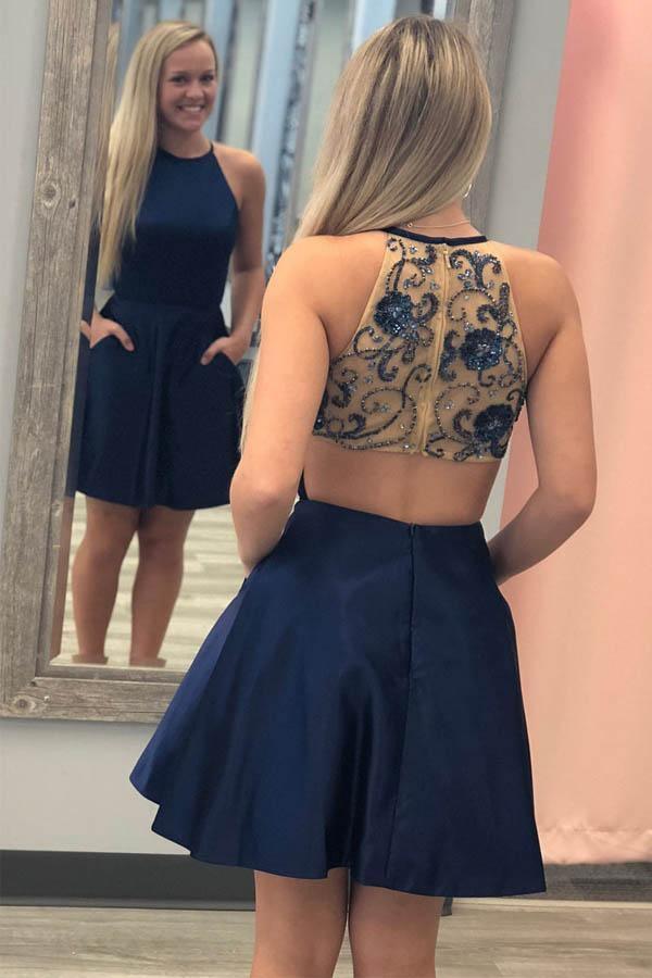 A-Linien-Kurzballkleid Abiballkleid mit Perlenverzierung am Rücken