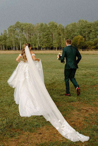 A Line Off the Shoulder Appliques Bridal Gown Long Wedding Dresses