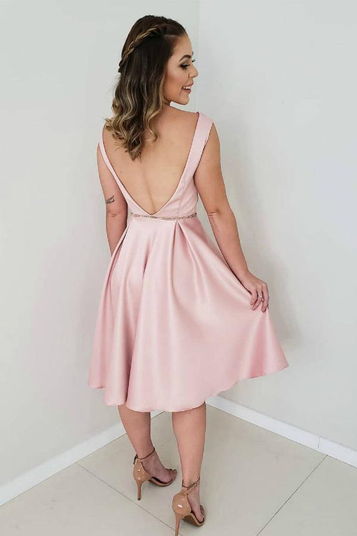 A-Line Satin Backless Short Prom Dress Homecoming Dress