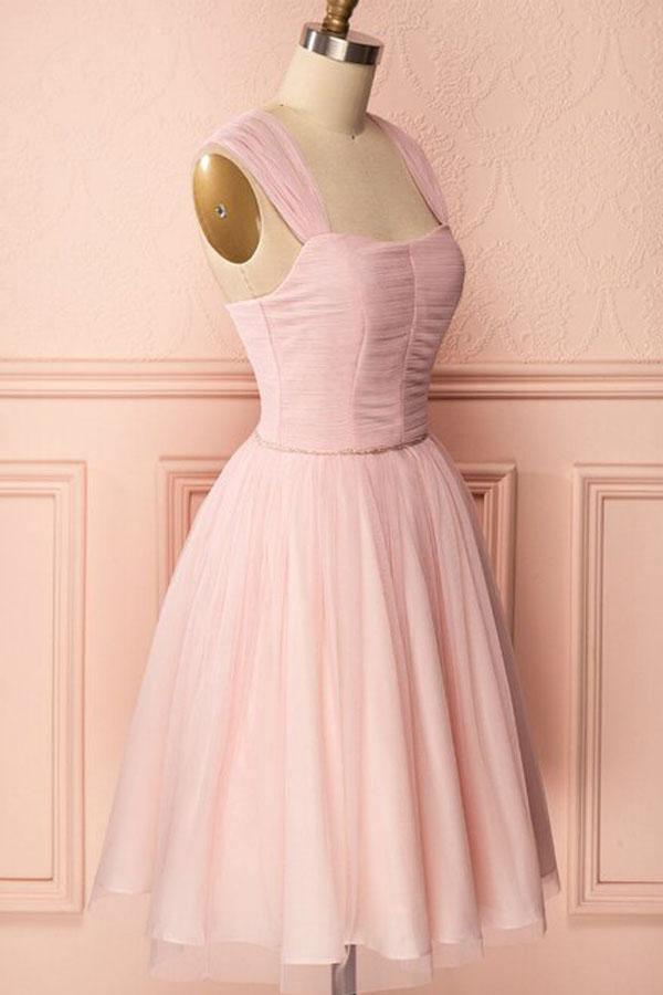 A-Line Tulle Straps Pleats Beading Homecoming Dress Short Prom Dress