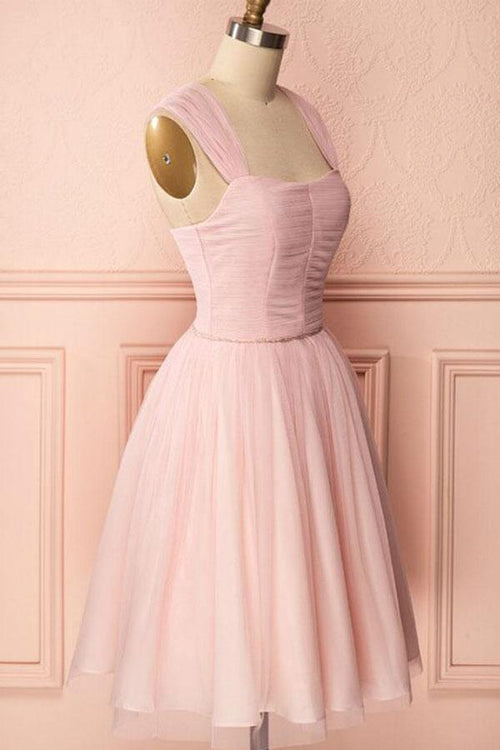 A-Line Tulle Straps Pleats Beading Homecoming Dress Short Prom Dress