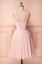 A-Line Tulle Straps Pleats Beading Homecoming Dress Short Prom Dress