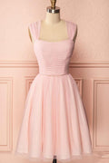A-Line Tulle Straps Pleats Beading Homecoming Dress Short Prom Dress