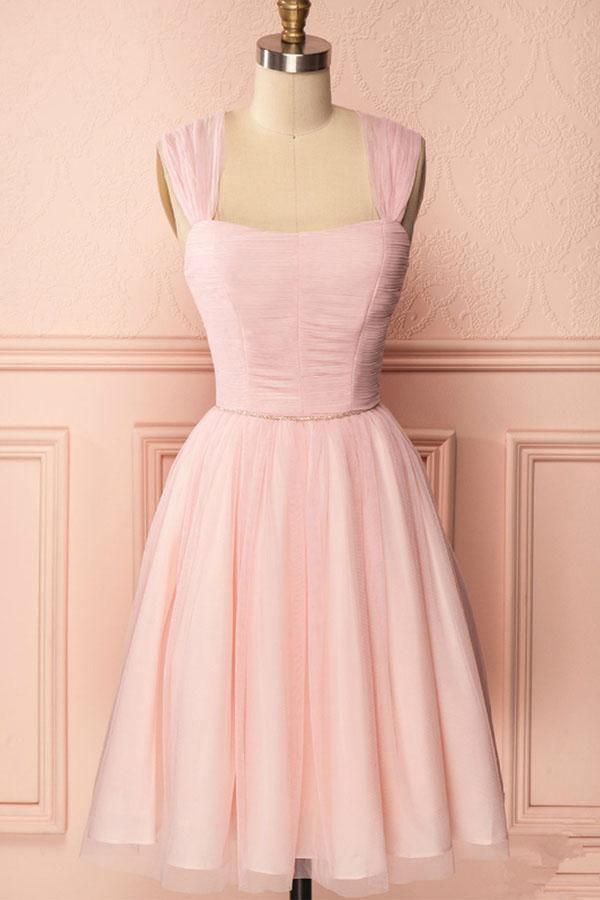 A-Line Tulle Straps Pleats Beading Homecoming Dress Short Prom Dress