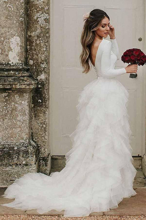 A-Linien Brautkleid aus Tüll mit Rundhalsausschnitt, Hofschleppe und langen Ärmeln