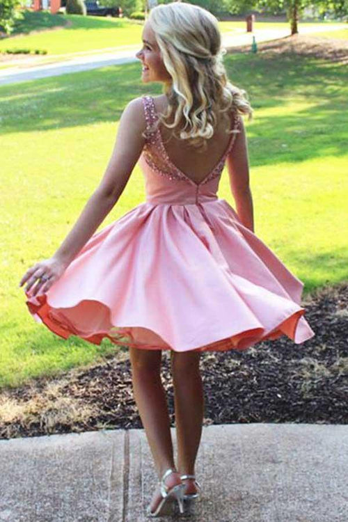 A-Line Round Neck Satin Homecoming/Party Dress with Beading