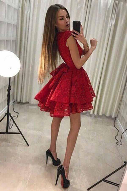 A-Line Round Neck Short Lace Homecoming Party Dress