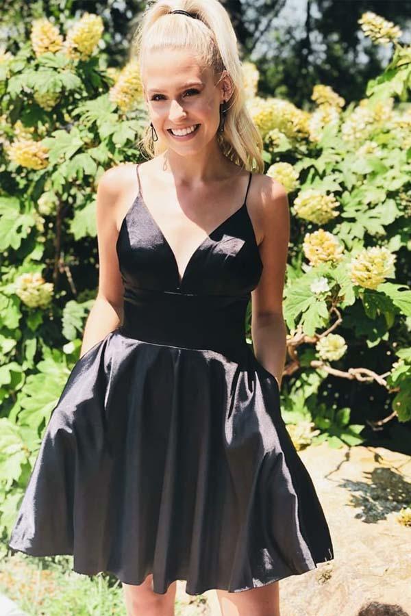 A-line Satin Fit and Flare Homecoming Dress with Pockets