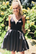 A-line Satin Fit and Flare Homecoming Dress with Pockets