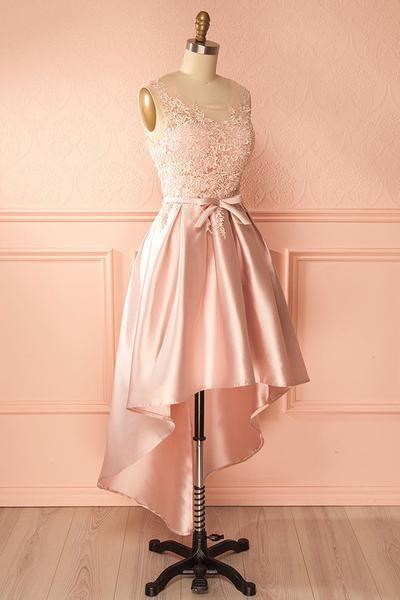 A-Line Scoop High Low Satin Homecoming Dress With Appliques