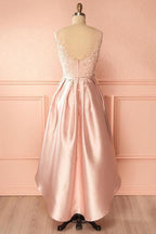 A-Linien-Scoop-Neck-High-Low-Abschlusskleid aus Satin mit Applikationen