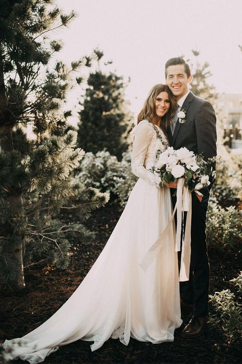 A-line Scoop Lace Wedding Dress Long Sleeve Rustic Wedding Dresses