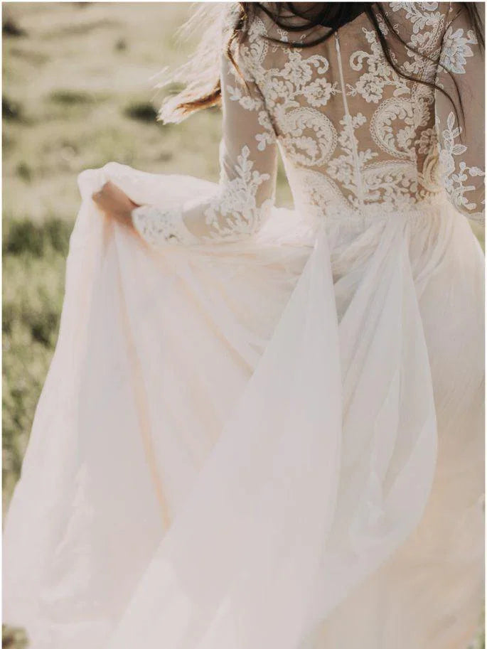 A-line Scoop Lace Wedding Dress Long Sleeve Rustic Wedding Dresses