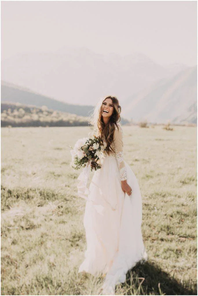 A-line Scoop Lace Wedding Dress Long Sleeve Rustic Wedding Dresses