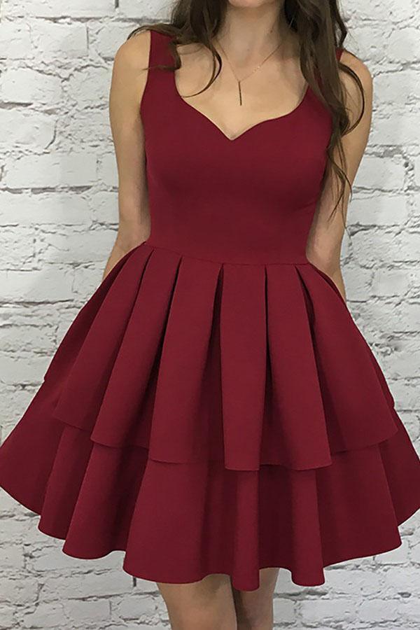 A-Line Scoop Short Tiered Elastic Satin Homecoming Dress