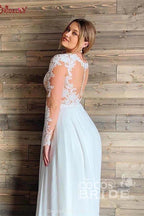 Vestidos de novia de tul transparente con encaje, corte A, manga larga, largo hasta el suelo, para playa 