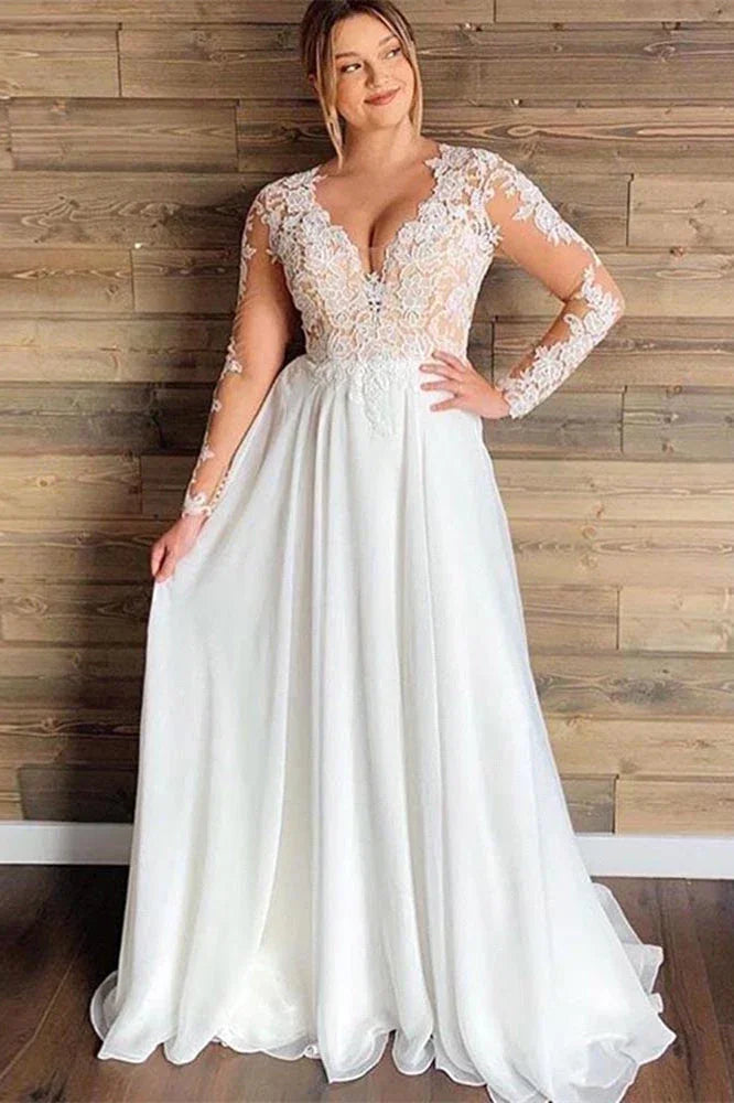 Vestidos de novia de tul transparente con encaje, corte A, manga larga, largo hasta el suelo, para playa 