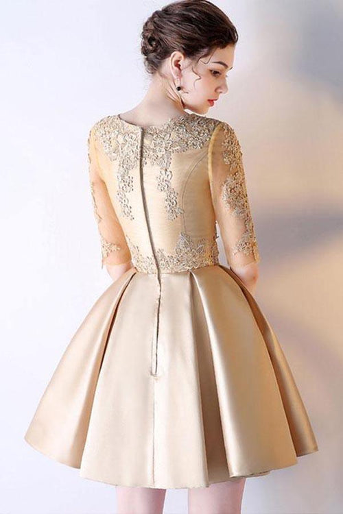 A-line Short Sleeves Lace Satin Short Prom Dress Homecoming Dress