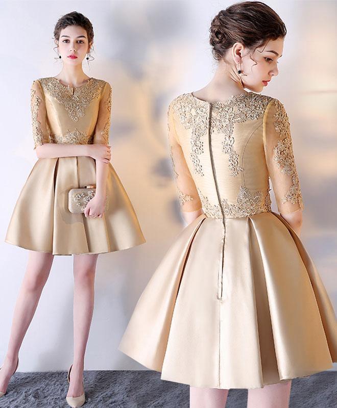 Vestido de fiesta corto de raso con encaje, manga corta y corte en A