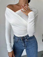 A-line Shoulder Long Sleeve Slim Knitted T-shirt Women
