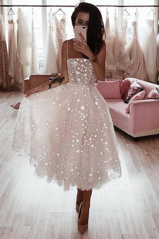 A Line Spaghetti Strap Tea Length Homecoming Dress With Beading