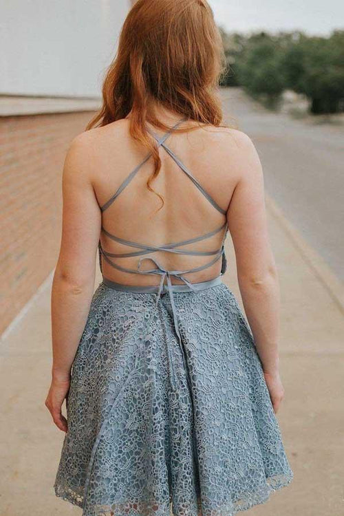 A-Line Spaghetti Straps Backless Above-Knee Lace Homecoming Dress