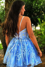 A Line Spaghetti Straps Criss-Cross Homecoming Dress With Appliques
