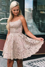 Vestidos cortos de fiesta con tirantes de espagueti, espalda cruzada y encaje, corte en A