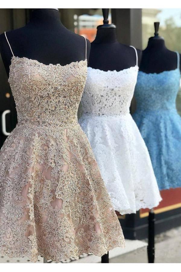 Vestidos cortos de fiesta con tirantes de espagueti, espalda cruzada y encaje, corte en A