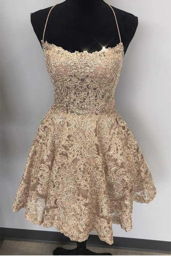 Vestidos cortos de fiesta con tirantes de espagueti, espalda cruzada y encaje, corte en A