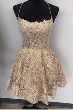Vestidos cortos de fiesta con tirantes de espagueti, espalda cruzada y encaje, corte en A