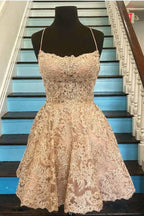 Vestidos cortos de fiesta con tirantes de espagueti, espalda cruzada y encaje, corte en A