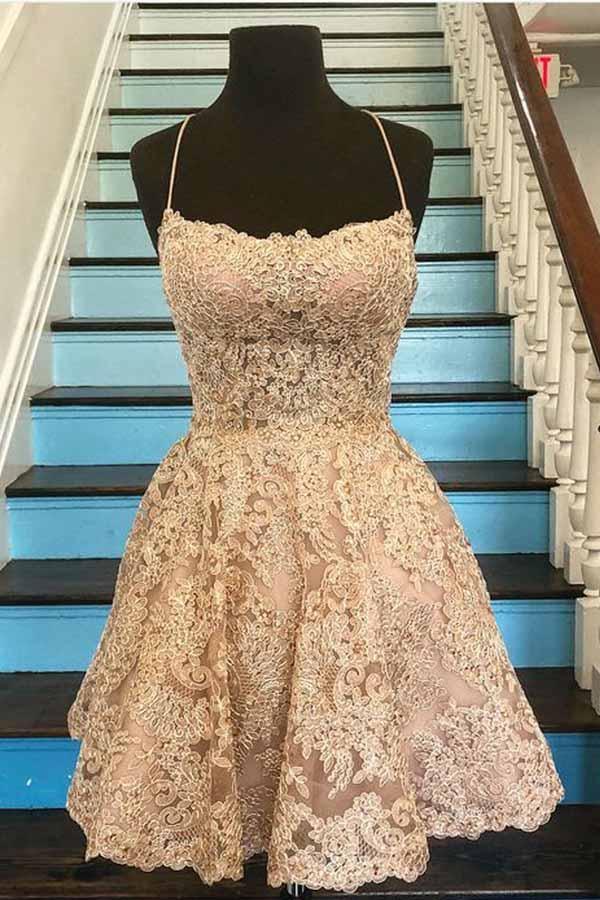 Vestidos cortos de fiesta con tirantes de espagueti, espalda cruzada y encaje, corte en A