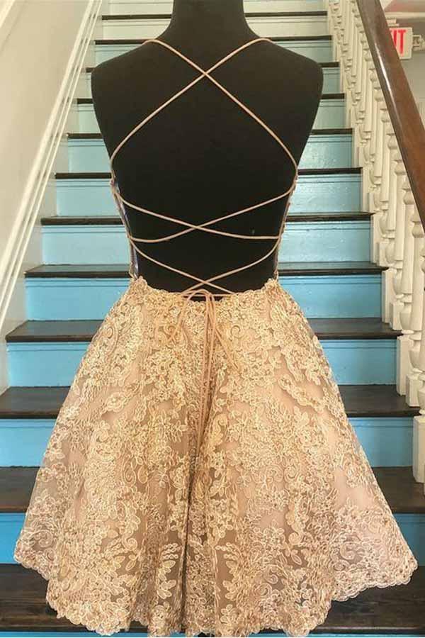 Vestidos cortos de fiesta con tirantes de espagueti, espalda cruzada y encaje, corte en A