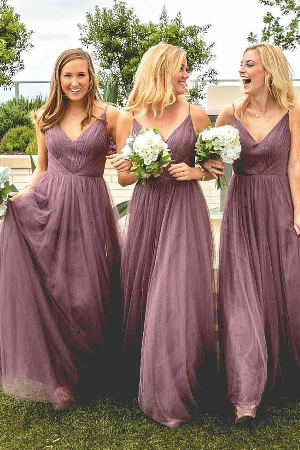 A-Linien-Brautjungfernkleid mit Spaghettiträgern, bodenlang, hellviolett