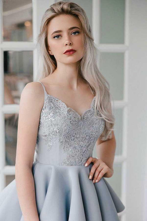 A-Line Spaghetti Straps Satin Homecoming Dress with Appliques