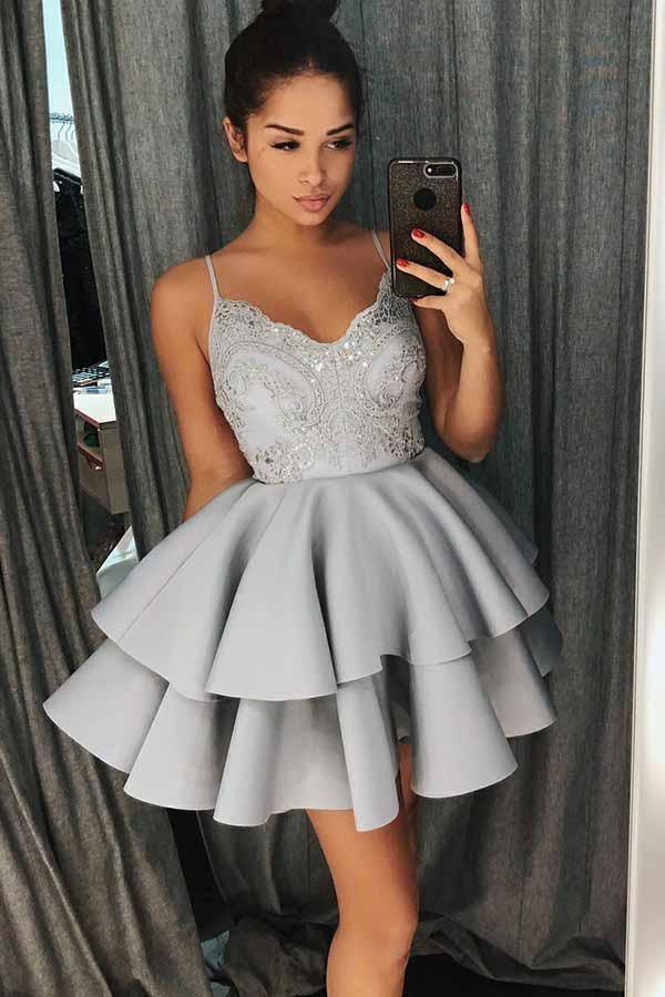 A-Linie Spaghetti-Träger Satiniertes Homecoming-Kleid mit Spitze und Perlenstickerei