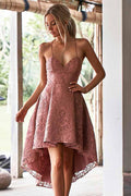 A-Linien Spaghetti-Träger High-Low Blush-Spitzen-Heimkehrer-Kleid