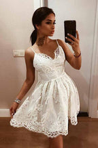 A-Line Straps Backless Lace Homecoming Dress with Appliques