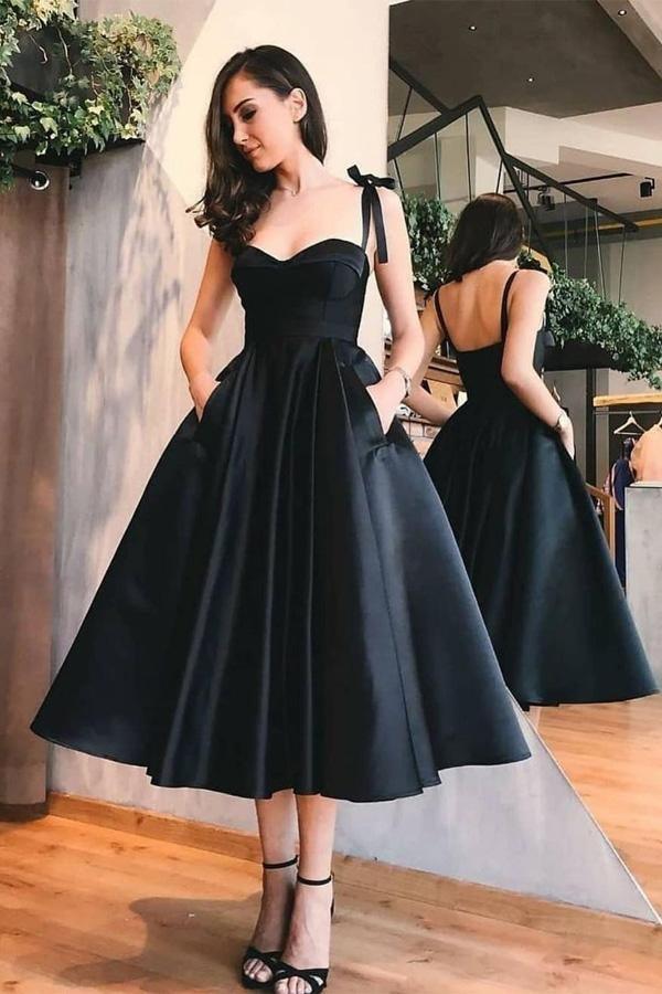 A-Linie Träger Wadenlanges Satin-Heimkehrkleid mit Taschen